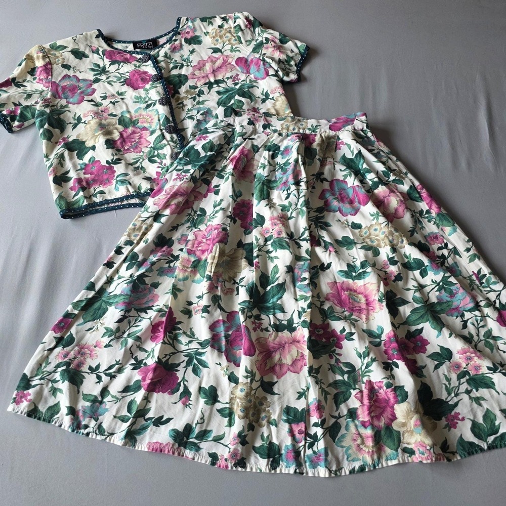 Fritzi Petites Vintage Floral Skirt Set Size Medium Cream Pink Cottagecore Crop
